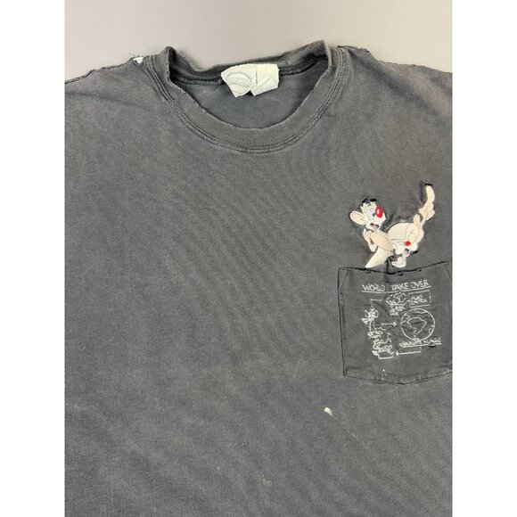 Vintage 90s Animaniac Pinky And The Brain Pocket Shirt 2XL Black TV Cartoon Show - Picture 3 of 16